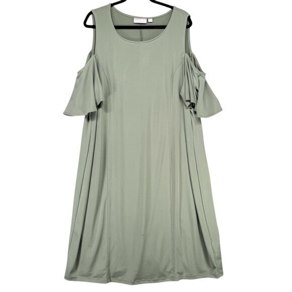 Belle Kim Gravel Dress Womens Size 1X Moss Green Flirt Sleeve Cold Shoulder - Picture 2 of 13